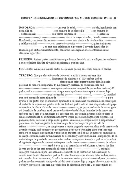 Convenio Regulador De Divorcio Por Mutuo Consentimiento Pdf Divorcio