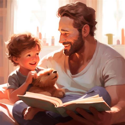 Pai e filho estão lendo um livro e sorrindo enquanto passam um tempo