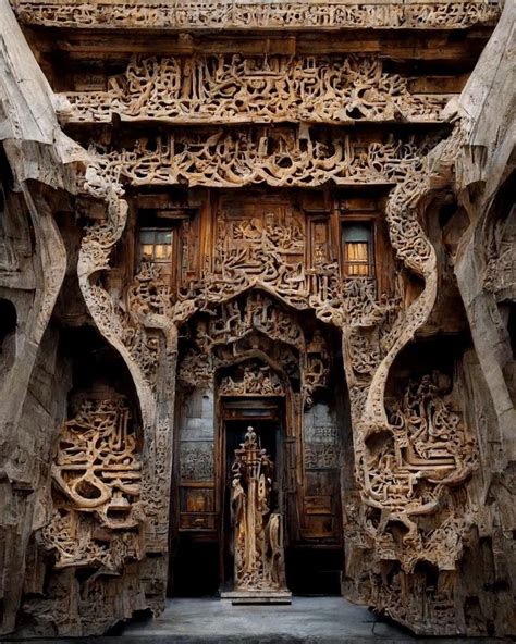 An Intricately Carved Wooden Door With Carvings On The Sides And Doors