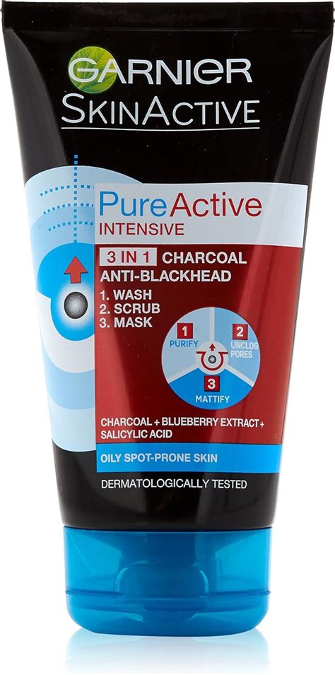 Garnier Pure Active 3 In 1 Charcoal Blackhead Mask Wash Scrub 150 Ml