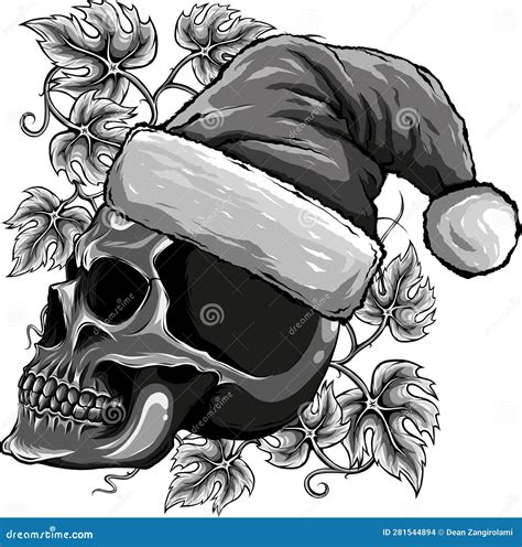 Monochromatic Christmas Skull Wearing Santa Claus Hat Stock Vector