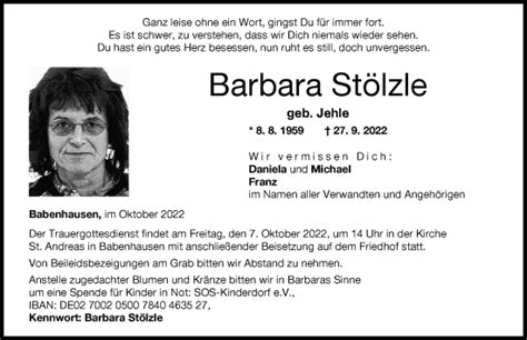 Traueranzeigen Von Barbara St Lzle Augsburger Allgemeine Zeitung