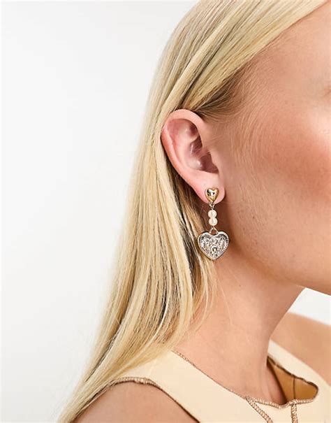 Designb London Heart Drop Earrings With Pearl Detail In Gold Asos