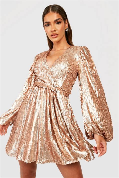 Sequin Extreme Blouson Sleeve Skater Party Dress Boohoo Uk