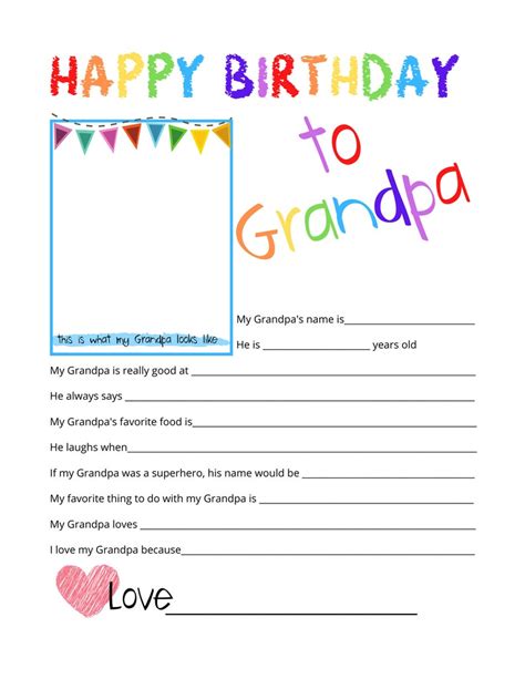 All About My Grandpa Happy Birthday Printable Questionnaire Survey Fill