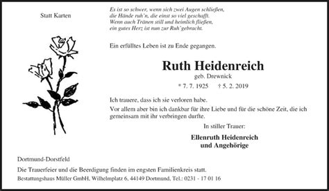 Traueranzeigen Von Ruth Heidenreich Trauer In Nrw De