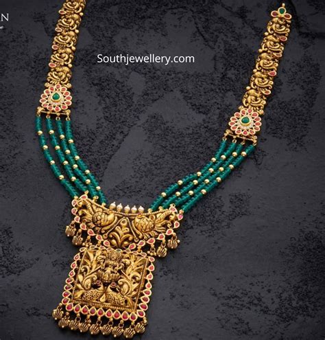 Antique Gold Peacock Nakshi Necklace With Emerald Beads