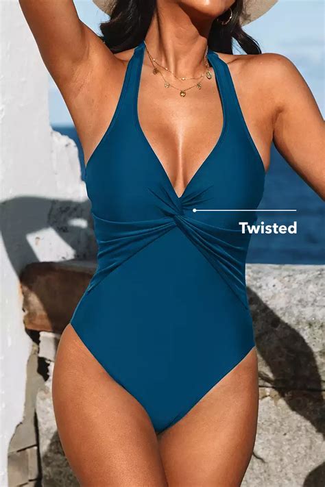 Navy Twist Front Halter One Piece Swimsuit Cupshe Au