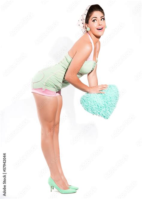 Sexy Fifties Pin Up Girl With Pink Lipstick Wearing A Green And Stock