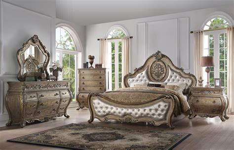 Luxury Bone PU Gold Patina Perales Queen Bedroom Set 3P Traditional