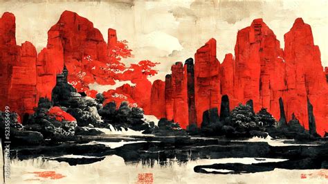 Traditional Painting Chinese Ink Red Landscape Painting Of Hills