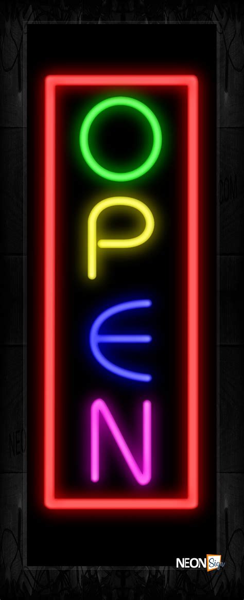 Colorful Open With Red Border (Vertical) Neon Sign | NeonSign.com