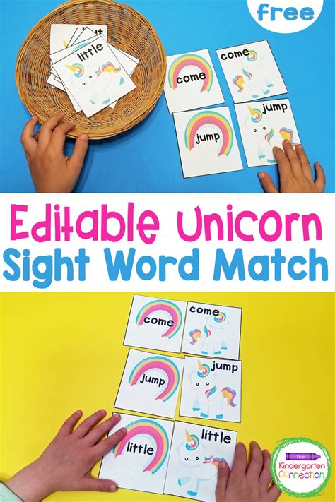 Free Editable Unicorn Sight Word Matching Game For Kindergarten