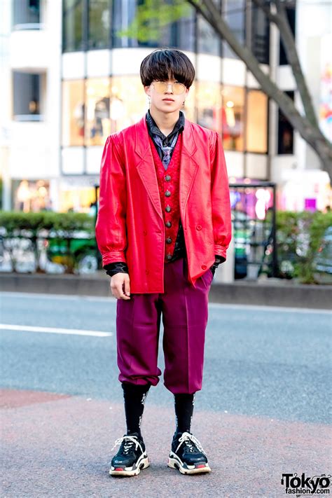 Harajuku Guy in Red & Purple Vintage Menswear Street Style – Tokyo Fashion