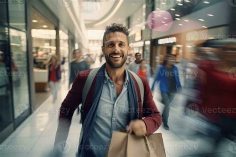 Portrait of Happy Male Goes to Shopping in Modern Clothing Store, Handsome Man Walking in ...