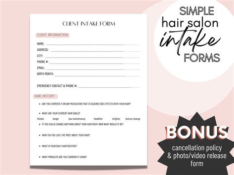 Hair Stylist Client Intake Form Hairdresser Consultation Form Salon