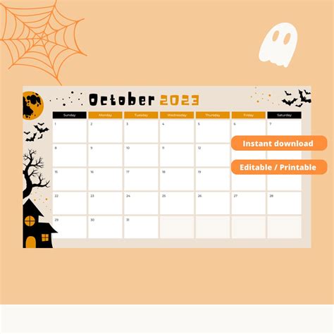 Editable October 2023 Calendar Halloween Theme, Printable, Fall, Digital Calendar, Weekly ...