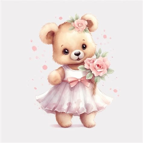 Premium Photo There Is A Teddy Bear Dressed In A Dress And Holding A Flower Generative Ai