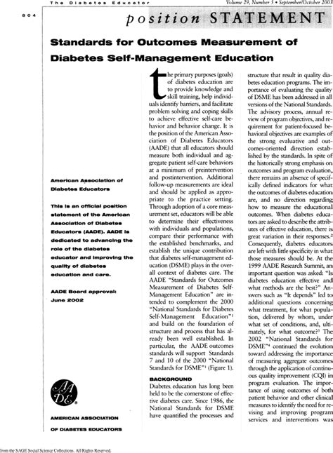 Standards For Outcomes Measurement Of Diabetes Self Management Education American