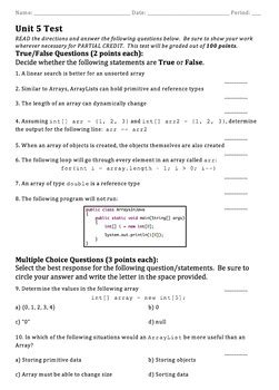 APCS Unit 5 Quiz And Test On Arrays ArrayList By Ure Materials TpT