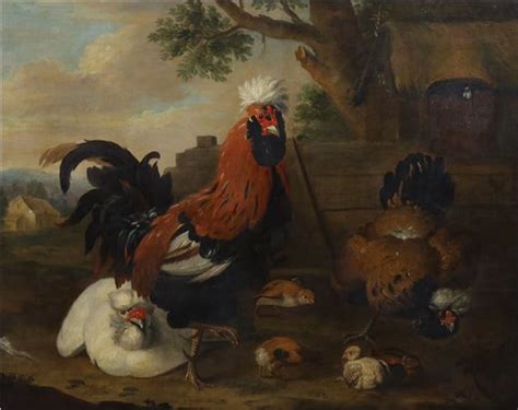 Melchior D Hondecoeter A Cockerel Chickens And Chicks In A Farmyard