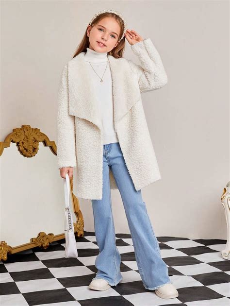 SHEIN Tween Girl Waterfall Collar Open Front Teddy Coat SHEIN USA