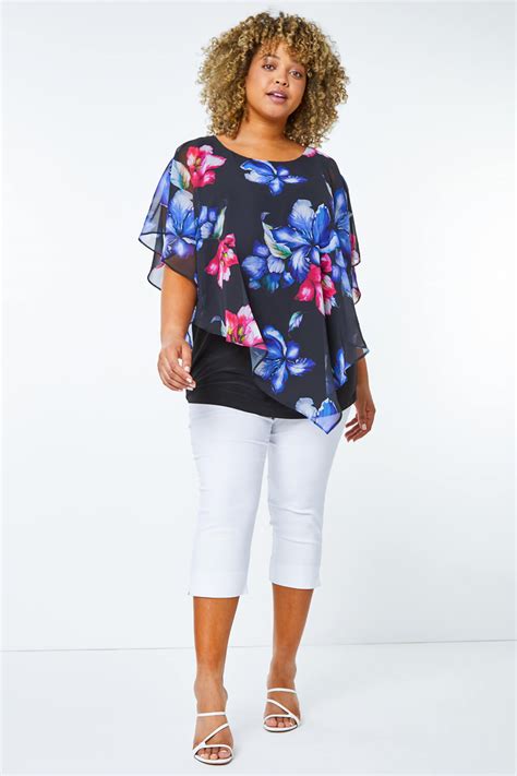 Curve Floral Chiffon Overlay Top In Black Roman Originals Uk