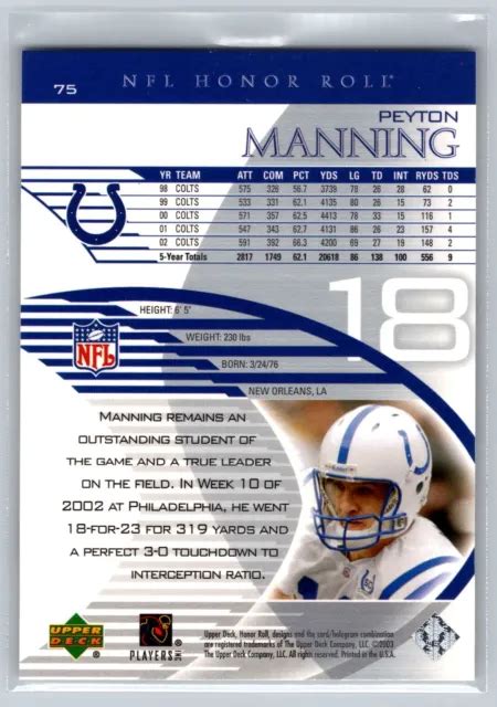 2003 UPPER DECK Honor Roll Peyton Manning 75 Colts D Indianapolis EUR