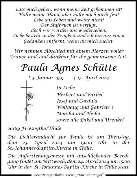 Traueranzeigen von Paula Agnes Schütte om trauer de