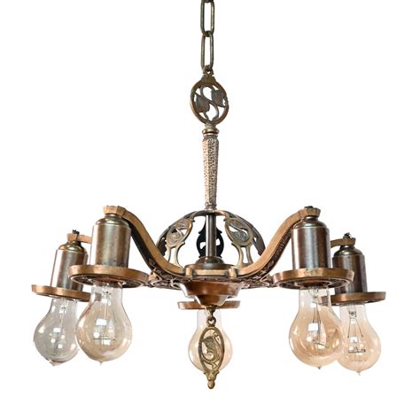 leafy brass five arm bare bulb chandelier — ARCHITECTURAL ANTIQUES