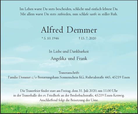 Traueranzeigen Von Alfred Demmer Trauer In Nrw De