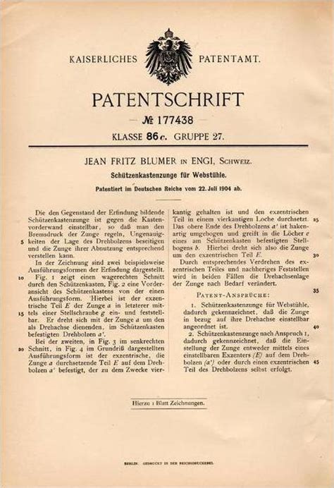 Original Patentschrift J Fritz Blumer In Engi Schweiz