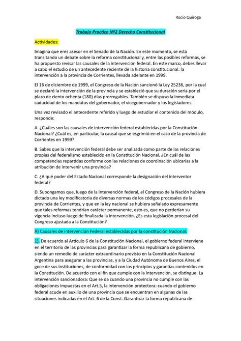 Trabajo Practico N Derecho Constitucional Roc O Quiroga Trabajo