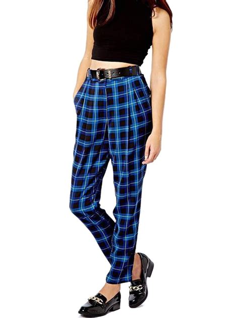 Blue Plaid Harem Pants Retro Leggings Blue Fashion