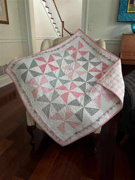 Baby Girl Pinwheel Quilt With Prairie Points And Pink Gingham Backing