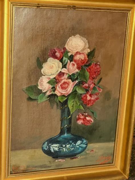 TABLEAU SIGNÉ F BAYLE Bouquet de Fleurs dans un Vase Peinture huile