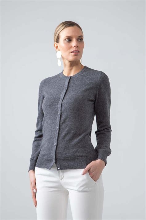 Classic Round Neck Cashmere Cardigan Dark Granite Cashmere Cardigan Womens Cashmere