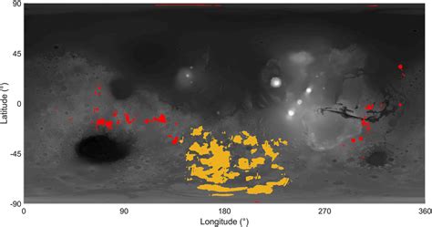 Mars orbiter laser altimeter topography with yellow indicating the ... 