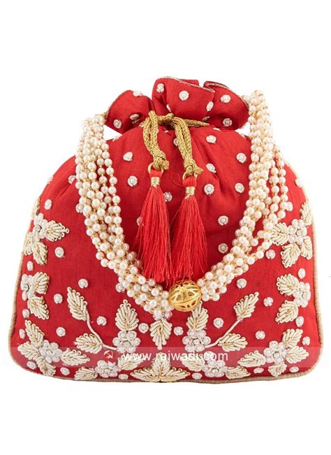 Red Embroidered Art Silk Potli With Designer Motifs