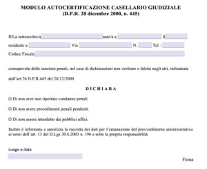 AUTOCERTIFICAZIONE CASELLARIO GIUDIZIALE WORD E PDF MODULO