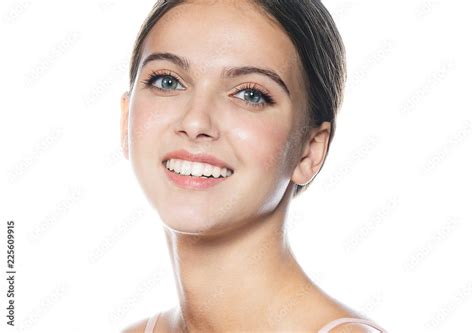 Closeup Portrait Of Attractive Caucasian Smiling Woman Brunette Isolated On White Studio Shot