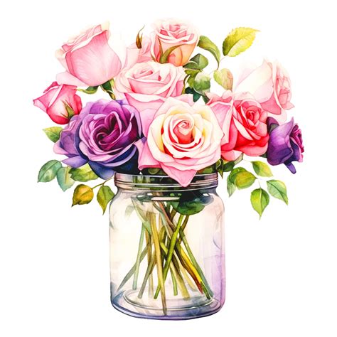 Many Colorfull Bouquet Of Roses In A Glass Jar Watercolor Roses Glass