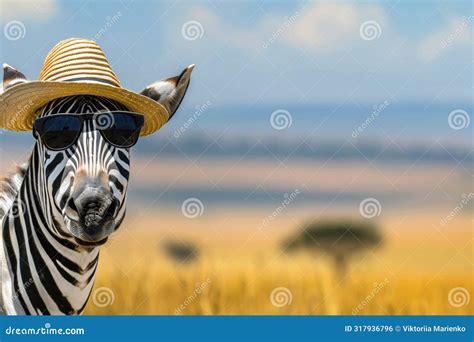 Safari Zebra In Sunglasses And Hat Ecotourism Concept Stock