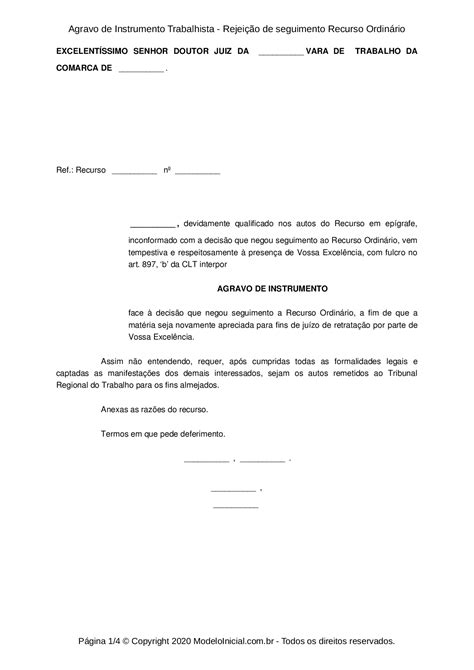 Modelo Agravo De Instrumento Trabalhista Rejei O De Seguimento