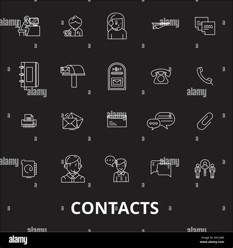 Contacts Editable Line Icons Vector Set On Black Background Contacts