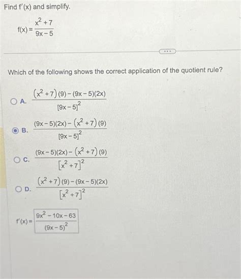 Solved Find F′ X And Simplify F X 9x−5x2 7 Which Of The