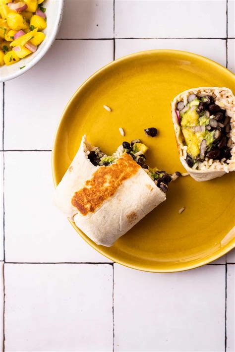 Vegan Black Bean Burritos with Mango Salsa and Guacamole