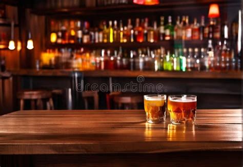 Wooden Table With A View Of Blurred Beverages Bar Backdrop Stock