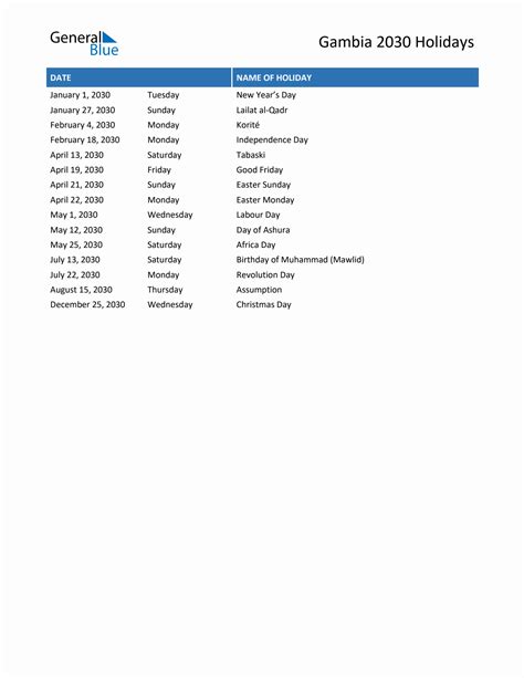 2030 Gambia List of Holidays in PDF, Word, and Excel