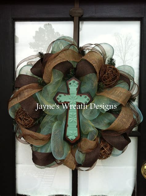 Brown And Turquoise Wreaths With Cross And Burlap Ribbon Wreaths And